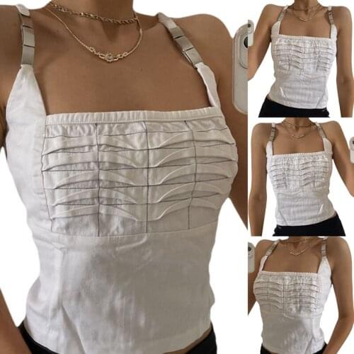 Women Summer Tank Tops, Metal Decorative Ruffled-Chest Sleeveless Strappy Vest for Girls, White