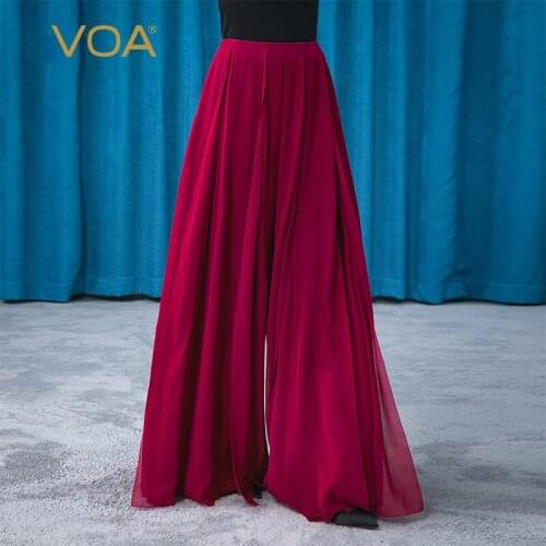 VOA 40m/m Silk Chinese Red Trousers Woman Waist Design Wine Red Qiaoqi Three-dimensional Stitching Pendant Wide-leg Pants KE311