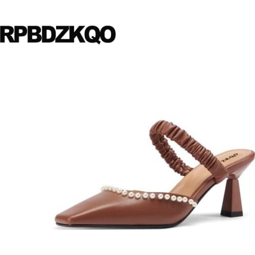 Ladies Square Toe 3 Inch Korean 2021 Suede Stiletto Size 33 Brown Mary Jane Mules Slipper Fashion Pumps Pearl High Heels Shoes