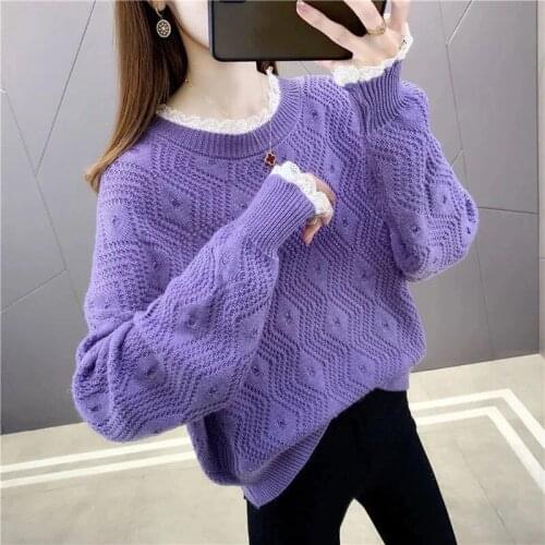 Spring Autumn Knitted Sweater Women Top 2021 New Fashion Lace Patchwork Pullover Loose Long Sleeve Sweater Female Clothes LU2023