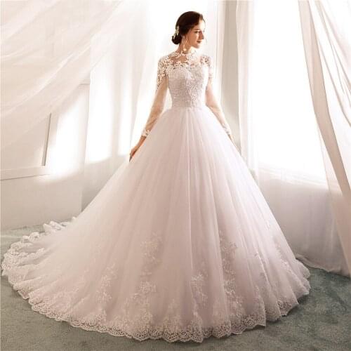 Fashion A Line Long Sleeves Wedding Dresses 2021 With Chapel Train Lace Appliques Bridal Gown Vestidos De Novia Bride Dresses