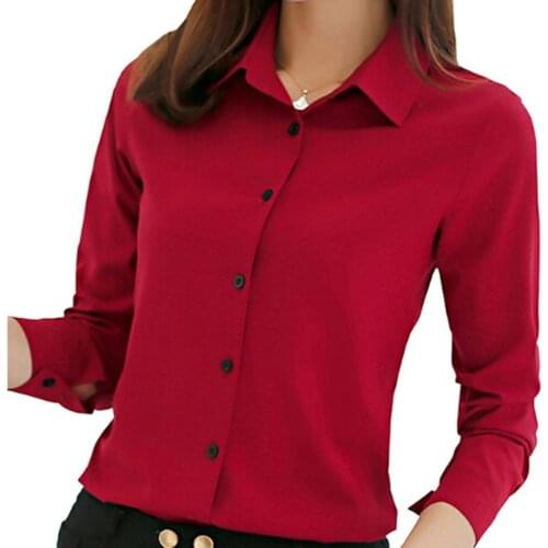 Women Blouse Office Shirt Summer Autumn Long Sleeve White Pink Red Navy Work Wear Korean Formal Tops Female Clothing