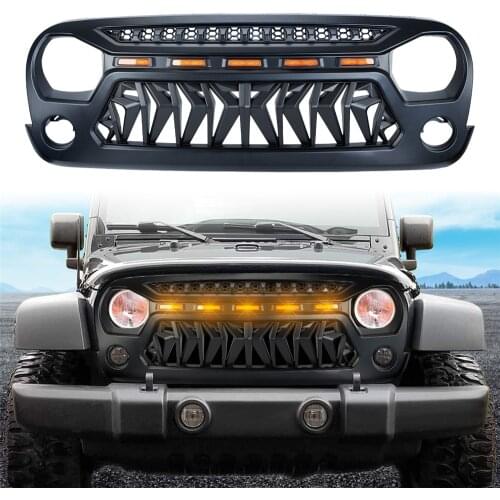 Black Car Front Racing Grille Upper Bumper Grill with Amber LED Running Lights for Jeep Wrangler JK JKU 2007-2018