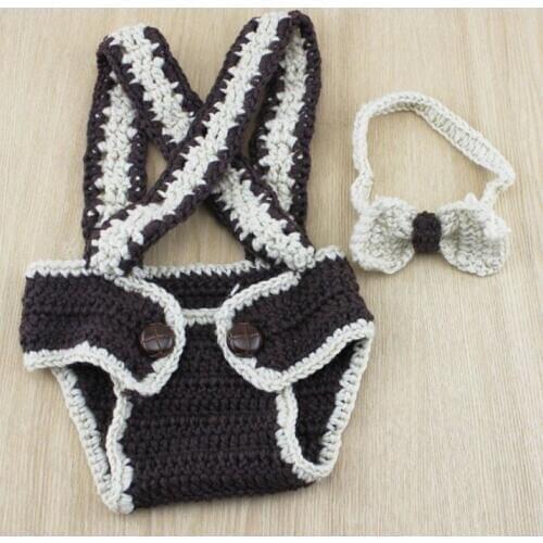 Baby Boy Crochet Suspenders Nappy Diaper Cover with Bow Tie Clothes Set Photo props Crochet infant Costume Set H194-Z