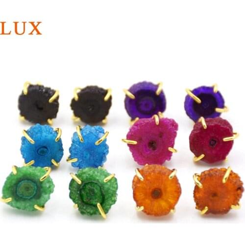 Druzy Stud Earrings Fine Jewelry multi Color Natural Solar Quartz Drusy Geode Crystal with Gold Copper Sun Flower Earrings