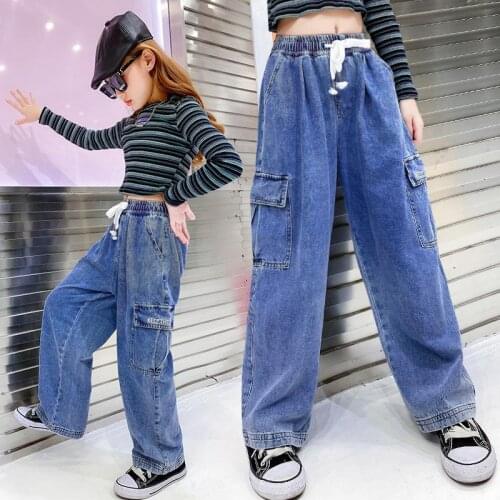Girls Jeans 2021 New Style Big Pocket Girl Child Jeans Casual Kids Jeans Straight Childrens Jeans Clothes 6 8 10 12 14 16