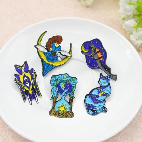 Sun and Moon Starry Sky Enamel Pin Custom Hourglass Owl Cat Moon Princess Brooches Lapel Badges Brooch for Kids Jewelry Gift