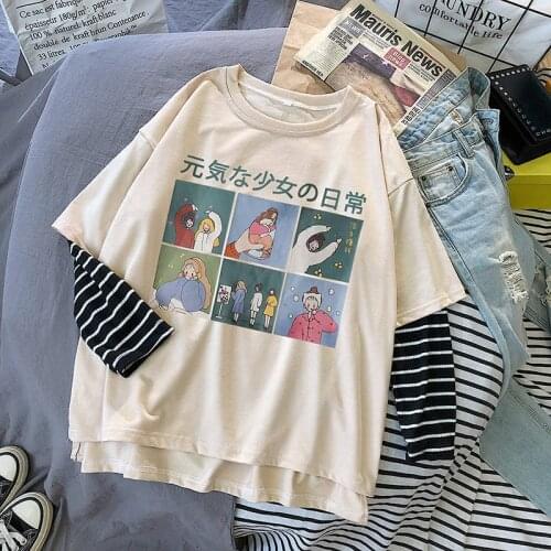 Fake Two Pieces T Shirt Streetwear Woman Cute Japan O Neck Women Tees Casual Loose Kawaii High Street T Shirt Graphic T Shirts