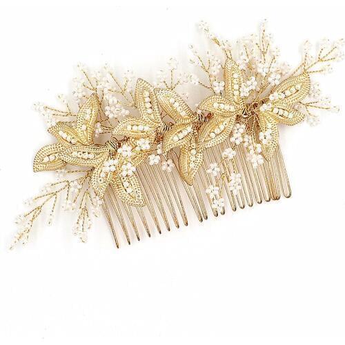 Gold Leaf Bridal Headpiece With Comb Wedding Hair Accessories For Bride Combs Hair Jewelry Clip Bijoux Cheveux Novias WIGO1112