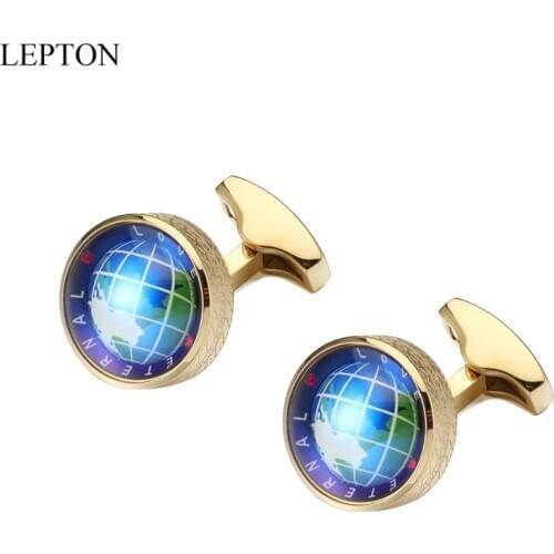 Hot Globe Earth Cufflinks Gold Colors Lepton Stainless steel Rotatable globe planet earth World Map Cuff links Wedding For Mens