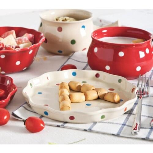 Korean Style Ceramic Plate Glaze Dot Porcelain Dinner Plate Salad Bowl Handle Bowl Set Breakfast Steak Dessert Tray Snack Dishes