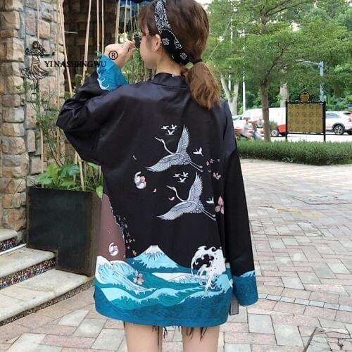 Yukata Women Japanese Kimono Cardigan Crane Printed Asian Clothes Casual Shirt Kimonos Femme Kawaii Kimono Cosplay Blouses Coats