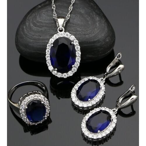 925 Sterling Silver Jewelry Sets For Women Blue Cubic Zirconia White Crystal Drop Earrings Ring Pendant Necklace Silver Kit