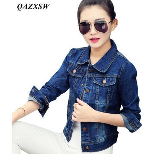 QAZXSW New Spring Womens Jean Jackets Korean Short Casual Denim Jacket Women Coat Long Sleeve Outerwear Abrigos Mujer YX8848