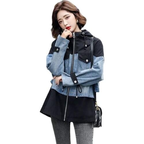 2021 New Jacket Women Spring Autumn Denim Stitching Piece Chic Outerwear Tops Casual Jean Jackets Femme Windbreaker Cowboy coat
