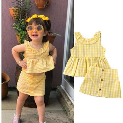 Newborn Baby Girl Kid Summer Clothes Plaid Sleeveless Tops + Skirt Outfit Set