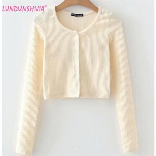 LUNDUNSHIJIA Fashion Beige Long-Sleeve Women Crop Top Streetwear Single Breasted Blouse Ladies Harajuku Cotton Cardigan Top
