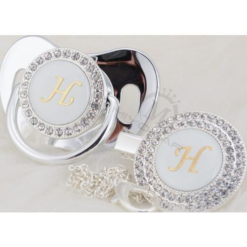MIYOCAR silver Initials letter H lovely bling pacifier and pacifier clip set unique BPA free dummy bling babyshower gift LH-1