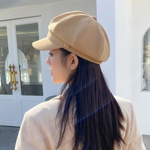 Fashion pu hat patchwork Cool False hair lady service Octagonal hat women leisure visors cap