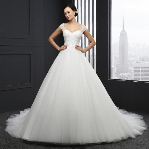 MZ0030 vestidos de noiva 2020 v neck short sleeve wedding bridal gown with train crystal robe ceremonie femme mariage tulle robe