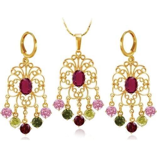 MxGxFam Bohemia RED Blue Colorful Zircon Drop Earring and Pendant Necklace set For Women 24 k Yellow Gold Color High Quality