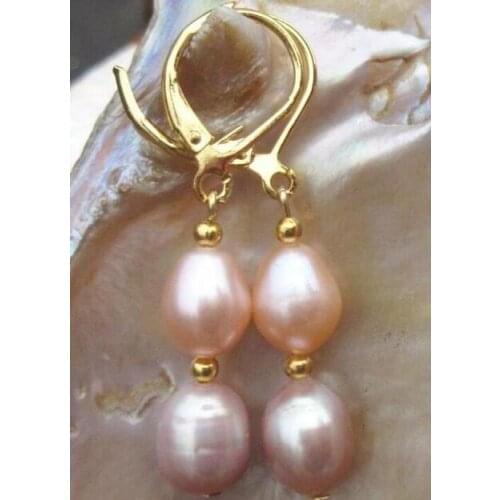New 10-12mm pink-purple natural pearl earring yellow hook