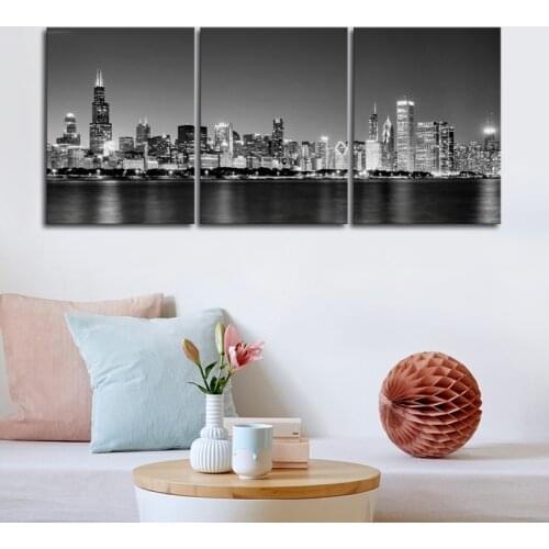 Canvas Print Wall Art Painting For Home Decor Black & White Chicago Skyline Night Buildings Cityscape Coastline Drop shipping