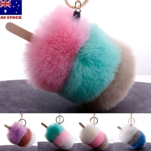 Rabbit Fur Fluffy Pompom Ball Handbag Car Pendant Charm Key Chain Keyrings Simulation ice cream hair ball pendant 8CM