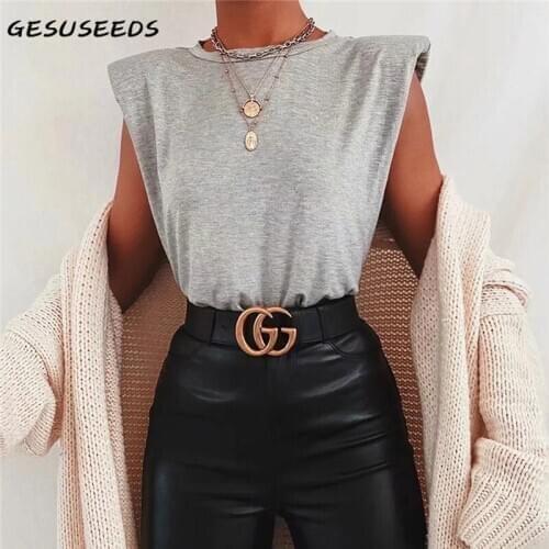 Summer t shirt women sleeveless shirts casual o neck shirt loose basic shirts grey orange tops pink shoulder pad t shirt 2020