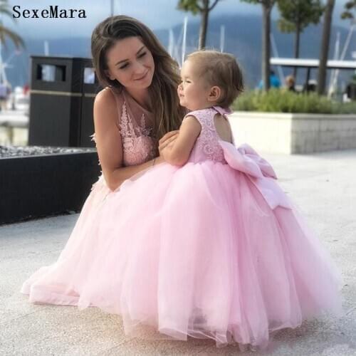 Pink Puffy Tulle Baby Girl First Birthday Party Dress Lace Top Infant Toddler Cloth Kids Pageant Gown Flower Girl Dress