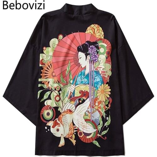 Bebovizi Vintage Carp Print Clothes Traditional Kimonos Blusas Fashion Men Japanese Asian Style Sexy Beach Yukata Clothing