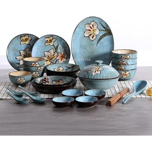 Japanese and Korean Hand-painted Kiln Changing Tableware Set Household Ceramic Rice Bowl Meal Plate Fish Plate Ceramic Tableware
