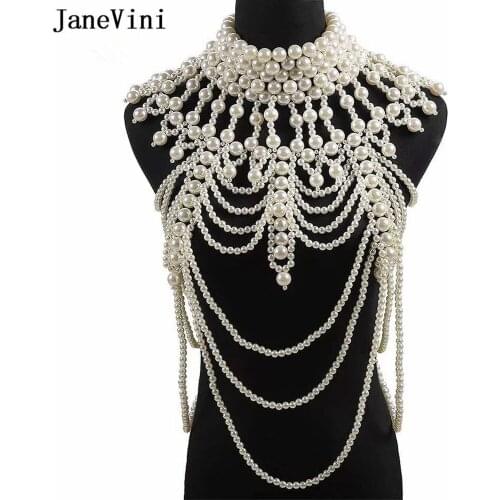 JaneVini Luxury Handmade Pearl Bridal Shoulder Chain Sexy Women Multilayer Large Necklace Wedding Dress Body Jewelry Accessories
