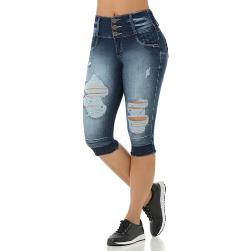 Women Elastic Destroyed Hole Leggings Short Pants Denim Shorts Ripped Jeans Short Pants Denim Shorts Zipper Plus Size Jeans Blue