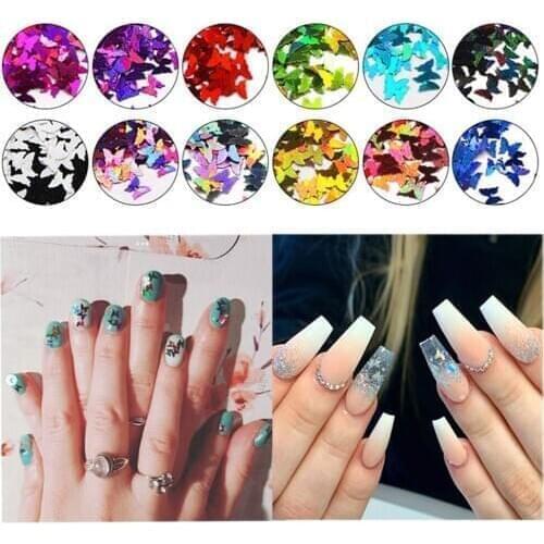 12 Colors Holographic Nail Glitter Flakes Sequin Mirror Sparkly Butterfly Nail Sequins 3D Flakes Slices Art Accessories