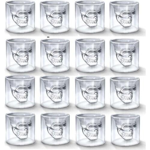 16pc Skull Head Cup 25ML Double Transparent Glass Beer Whiskey Vodka Wine Water Champagne Cocktail Wine Glasses Coffee Milk Mugs