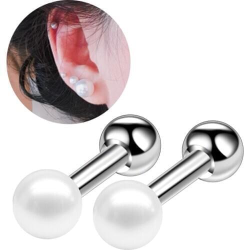 2Pcs Silver color Stainless Steel Pearl Ball Screw Pierced women Ear Piercing Fake pearl earrings For Women Girl Body Jewelry