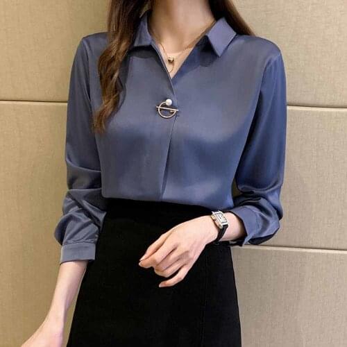 Casual Satin Long Sleeve Womens Blouse elegant Office rayon Shirt Autumn Spring Office Lady Shirts Solid Femme Blouses