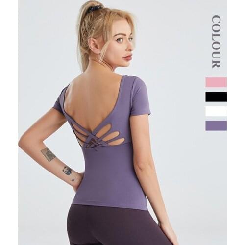 Quick Dry Tight Yoga Shirts Women Beauty Back Short Sleeve Cropped Gym Tops Fitness Running Workout Sport T-Shirts Sports Wear