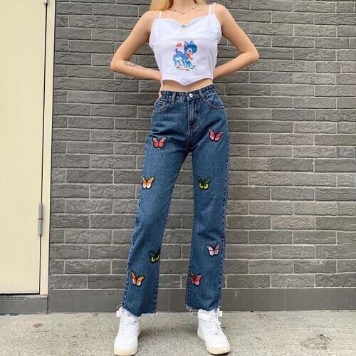 Y2K High Waist Mom Jeans Women Butterfly Embroidered Straight Pants Wide Leg Baggy Denim Jeans Korean 2020 Boyfriend Loose Pants