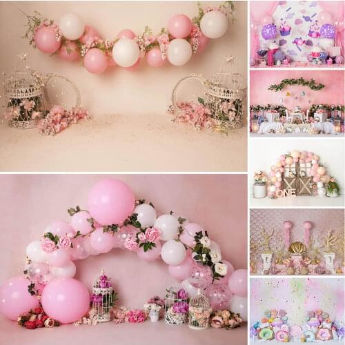 Spring Flowers Cake Smash Photography Backdrops Pink Balloon Bird Cage Decor Girl 1st Birthday Photocall Background Photo Studio