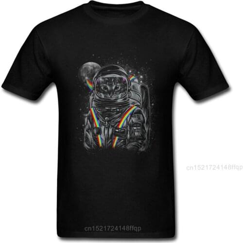 Space Mission T-shirt Men Astronaut Cat T Shirt Rainbow Black Clothing Novelty Animals Printed Tshirt Hipster Tee Punk Tops