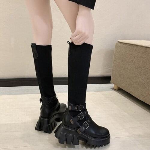 BRKWLYZ Motorcycle boots woman Fad ladies stretch fabric socks boots Vogue buckle knee-high boots platform boots gothic women