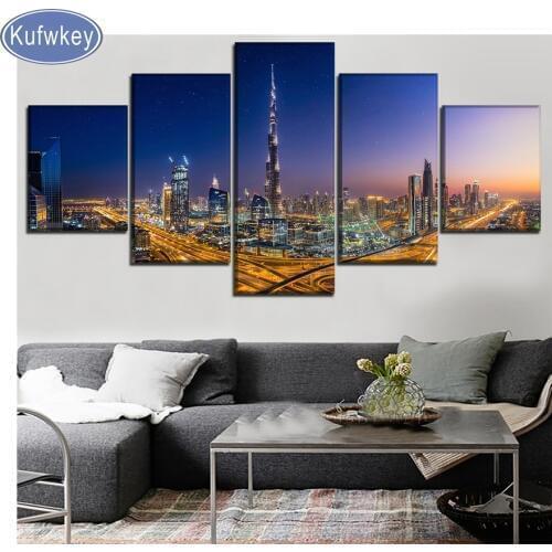 5pcs 5d Square round DIY Diamond Painting"Burj Khalifa Dubai City Glow Night" diamond Embroidery Cross Stitch full Rhinestones