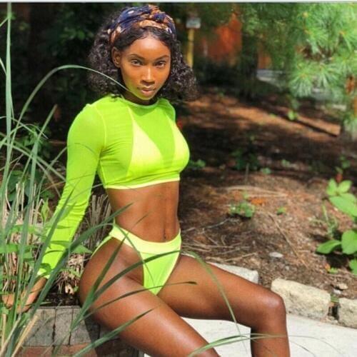 3PCS Swimwear Womens swimming Suit Mesh Swimsuit Bathing Suit Bikini 2020 Bra Brazilian Long Sleeve Fluorescent green S-L