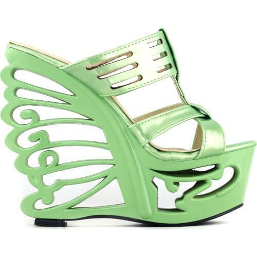 LF51805 Holographic/Red Stud Cut-out T Bar Butterfly Heel Mule Sandals