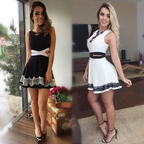 Mini Dress Summer Women Casual Sexy Sleeveless Sheath Hollow Dress Empire O-Neck White And Black Short A-Line Dresses