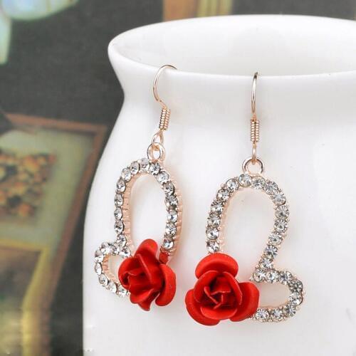 Korea Style Fashion Temperament Crystal Red Rose Flower Heart Dangle Drop Earrings for Women Wedding Party