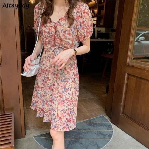Puff Sleeve Dresses Women Summer Chiffon New Floral V-neck Button High Waist Korean Style A-line Mini Vestidos Ladies Fashion