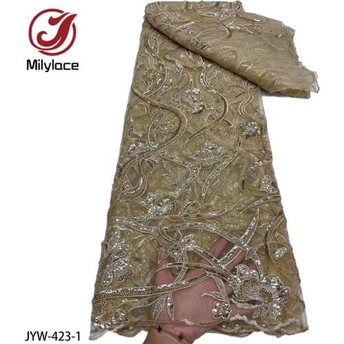Luxury Handmade Beaded French Mesh Tulle Lace Fabric with Sequin African Fabric for Sewing Evening Wedding Dress JYW-423